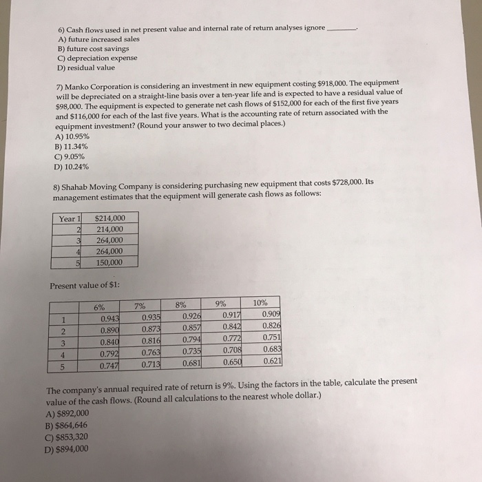  6) Cash flows used in net present value and internal rate