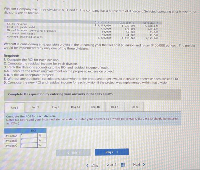 need help please! Wescott Company has three divisions: A, B, and C.