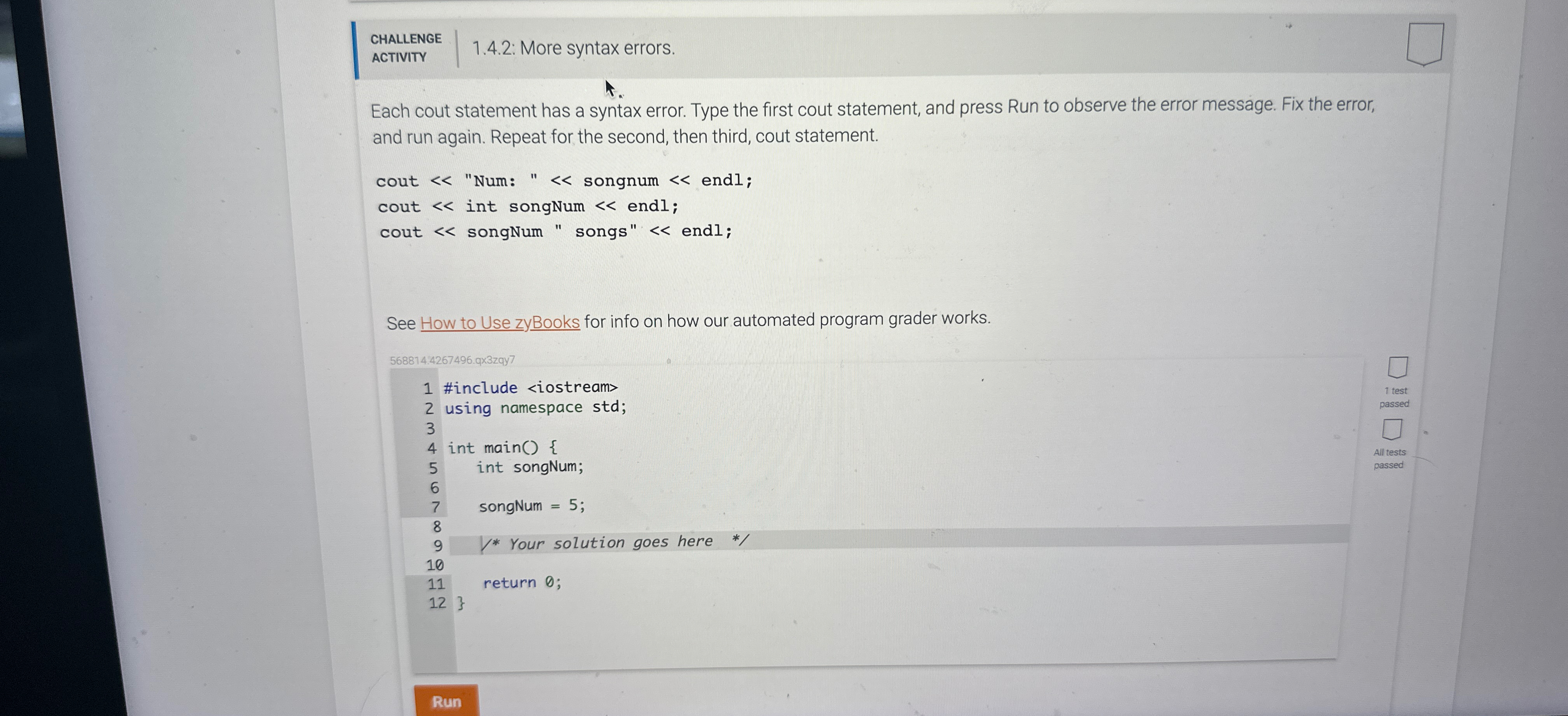 CHALLENGE ACTIVITY 1.4.2: More syntax errors. Each cout statement has a