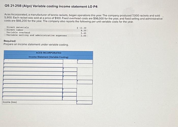  OS 21-25B (Algo) Variable costing income statement LO P4 Aces incorporated,