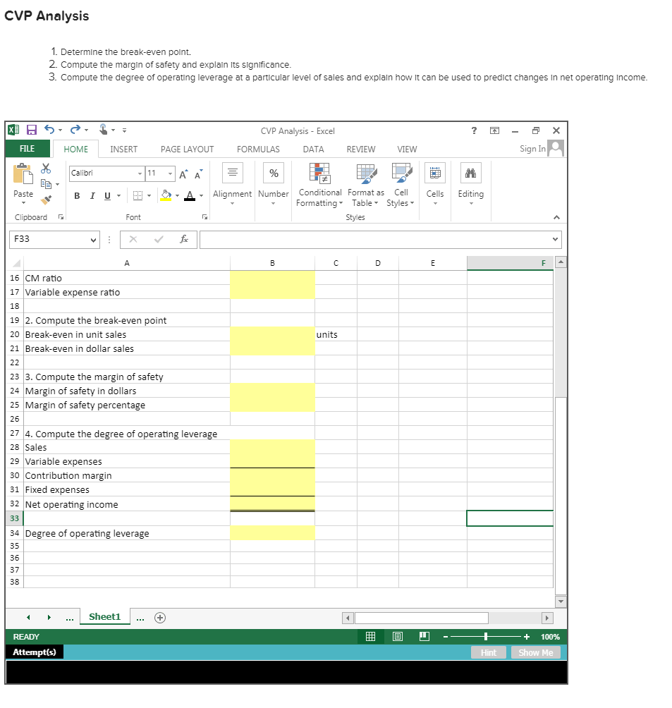 1. Determine the break-even polnt. 2. Compute the margin of safety and
