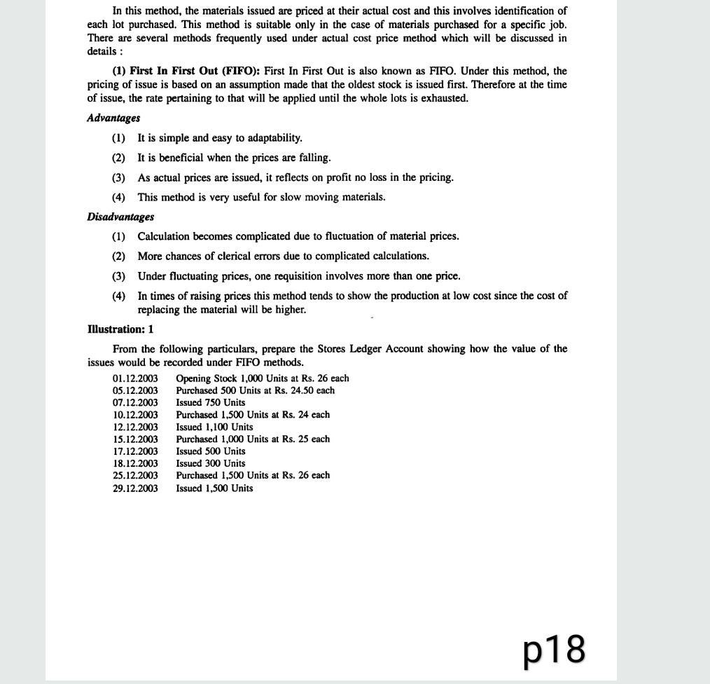  In this method, the materials issued are priced at their actual