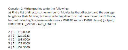  Question 2: Write queries to do the following: a) Find a