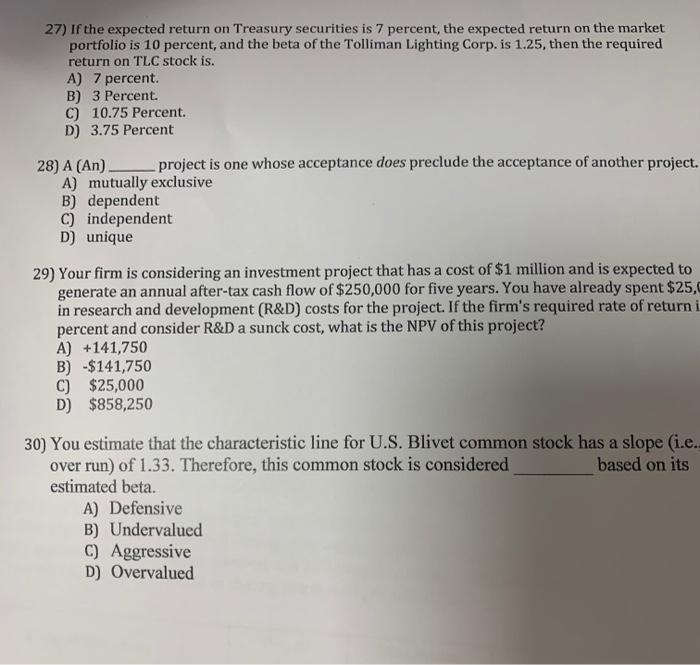  27) If the expected return on Treasury securities is 7 percent,