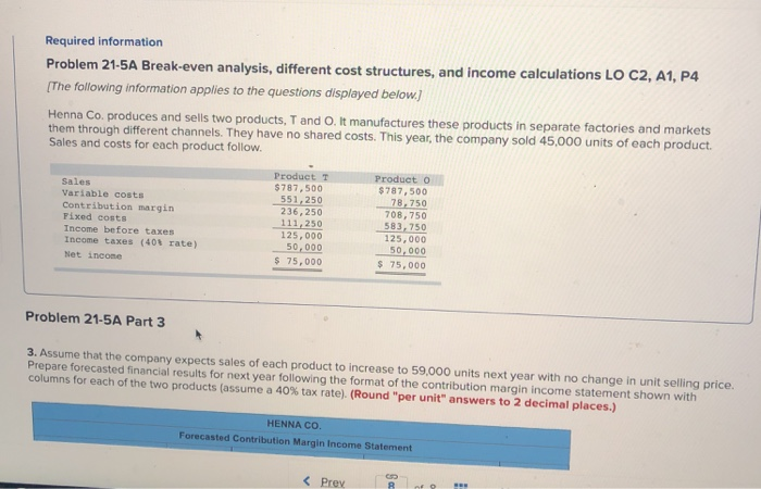  Required information Problem 21-5A Break-even analysis, different cost structures, and income