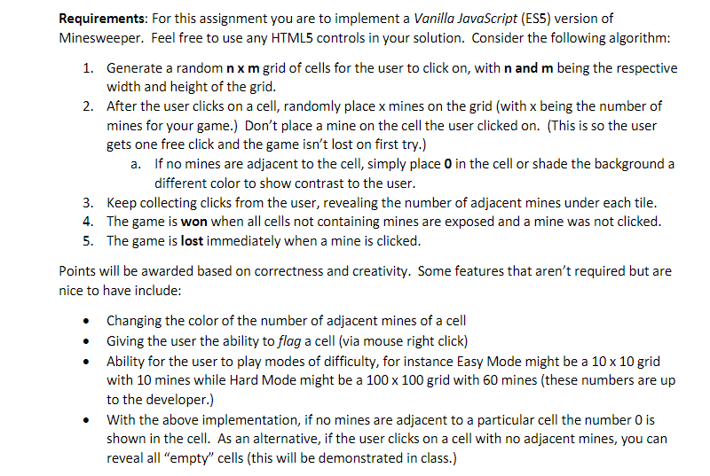 Please help me make Minesweeper game with Vanilla Javascript Requirements: For this