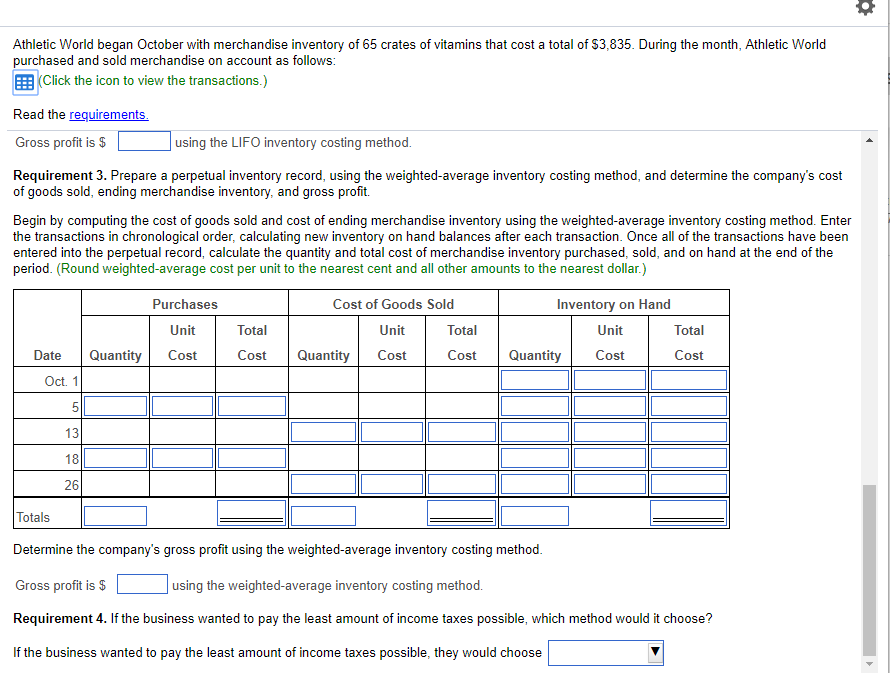 merchandise inventory, and gross profit. Prepare a perpetual inventory record, using the