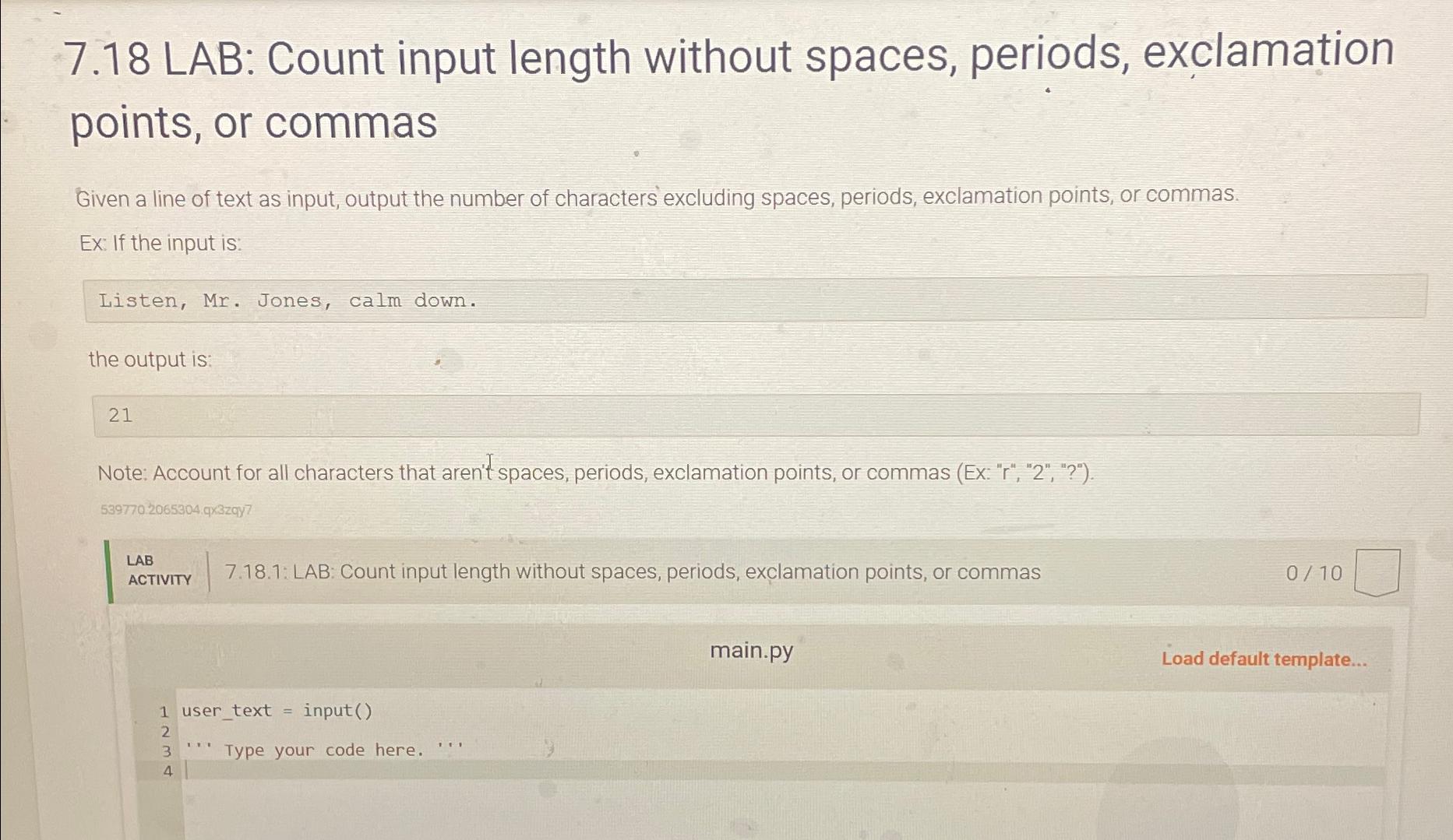  7.18 LAB: Count input length without spaces, periods, exclamation points, or