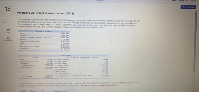  EP Check 13 Problem 4-28 Percent-of-sales method (LO4-3) 10 The Manning