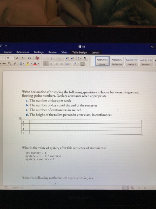  R4 a. Layout References Mailings Review View Table Design Layout 11