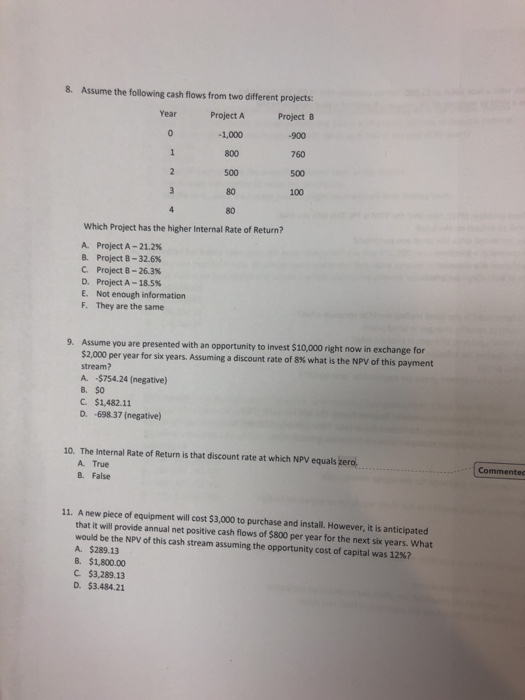  8. Assume the following cash flows from two different projects: Year