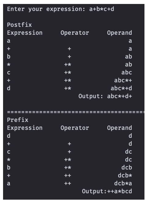 CREATE PROGRAM C++ INFIX POSTFIX AND PREFIX IN THE SAME FILE OR