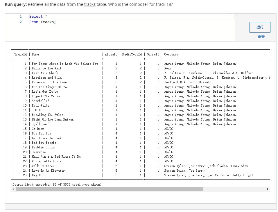 sql Run query: Retrieve all the data from the tracks table. Who