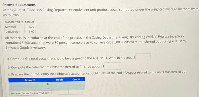  Second department During August, Tibbetts's Casing Department equivalent unit product costs,