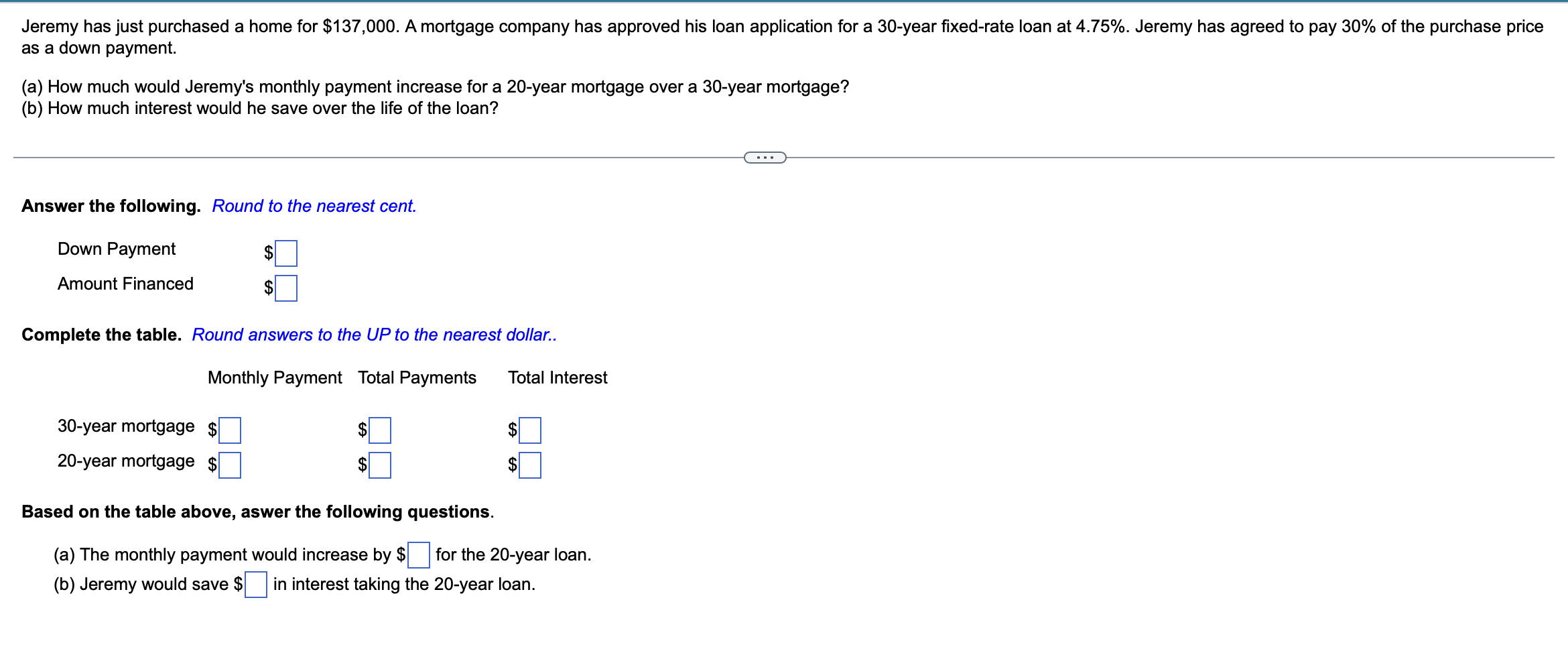 as a down payment. (a) How much would Jeremy's monthly payment