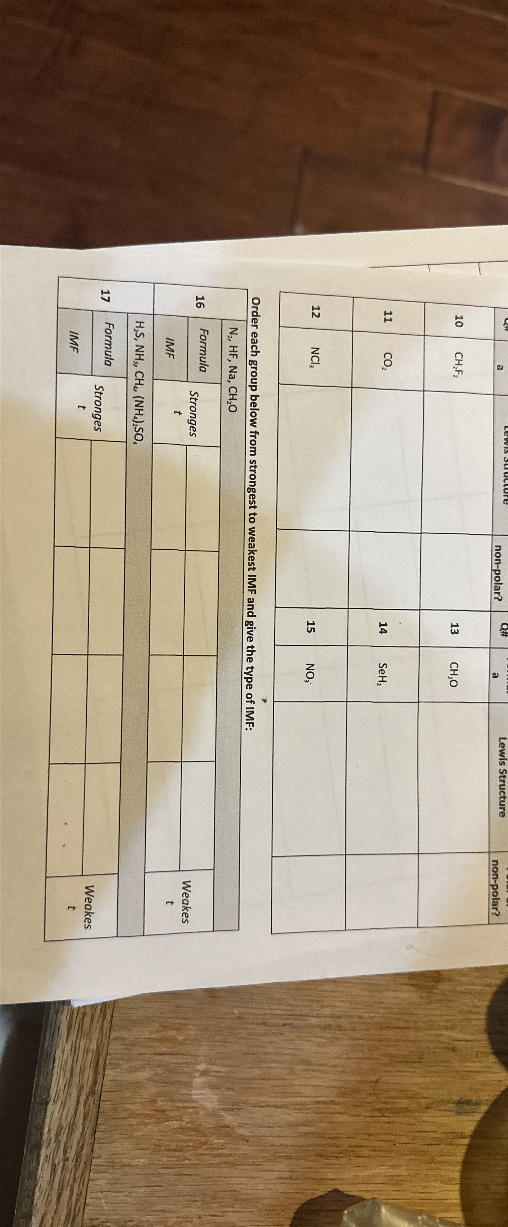  \table[[10,CH2F2,,non-polar?,Q a,a,Lewis Structure,non-polar?],[11,CO2,,,,,,],[12,,,,CH2O,,,],[,,,,14,SeH2,,]] Order each group below from strongest to weakest