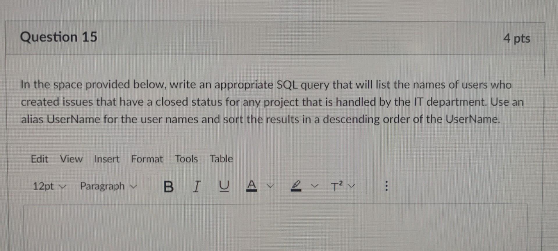 SQL statement: SELECT PROJECTID, Name, Status FROM PROJECTS, ISSUES WHERE Priority =