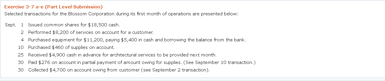Exercise 3-7 a-e (Part Level Submission) Selected transactions for the Blossom