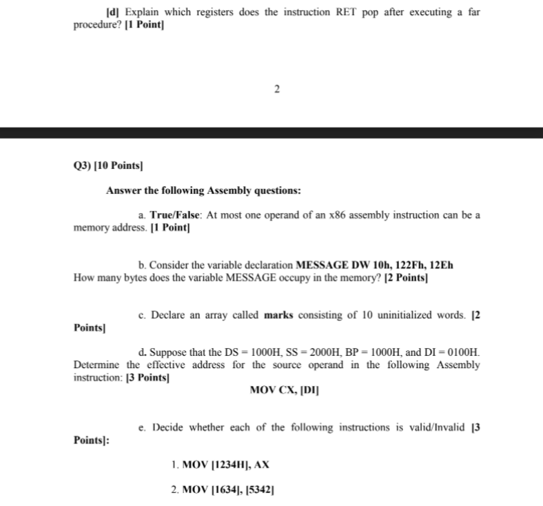  [d] Explain which registers does the instruction RET pop after executing
