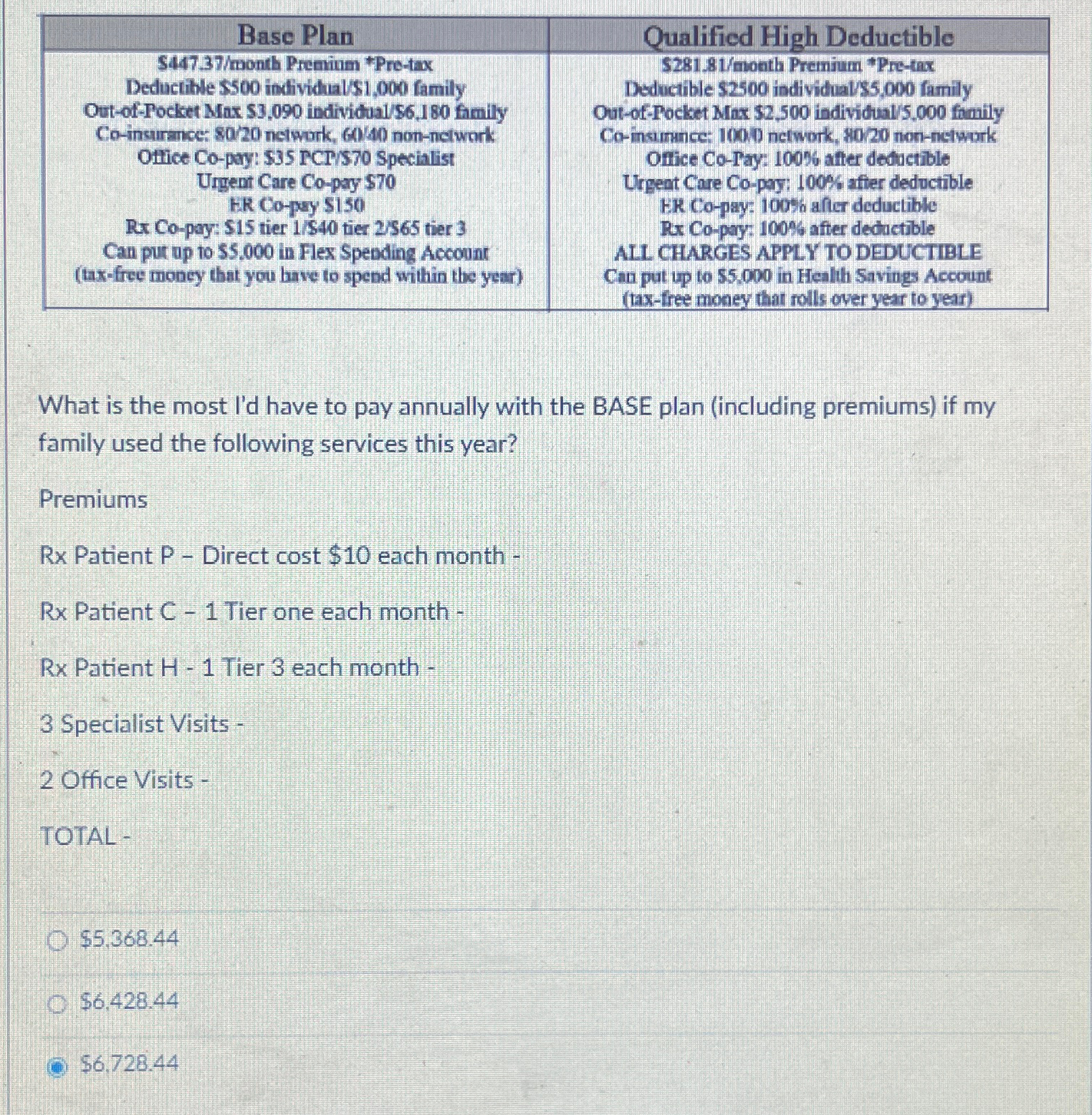  \table[[Base Plan,Qualified High Deductible],[,]] What is the most I'd have to