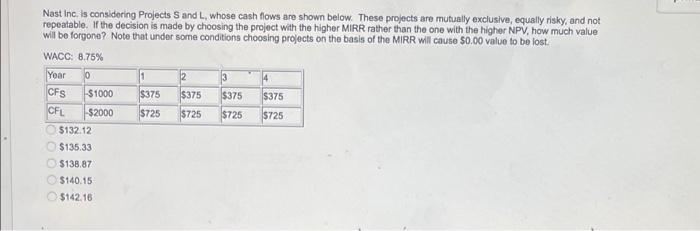  Nast Inc. is considering Projects 5 and L, whose cash flows