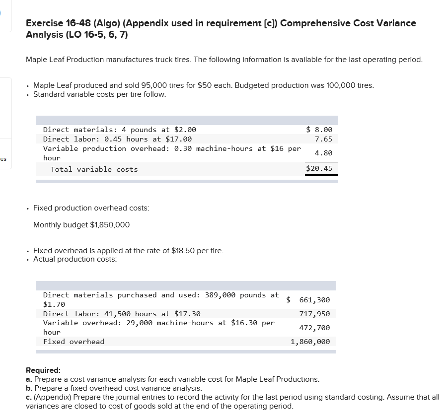  Exercise 16-48 (Algo) (Appendix used in requirement (c]) Comprehensive Cost Variance