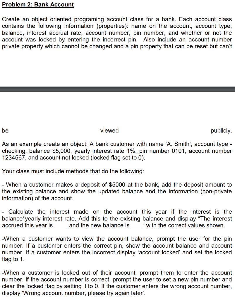 code in matlab using objects and classes Problem 2: Bank Account Create