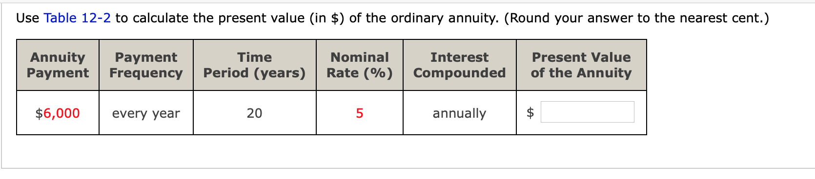 Use Table 12-2 to calculate the present value (in $) of