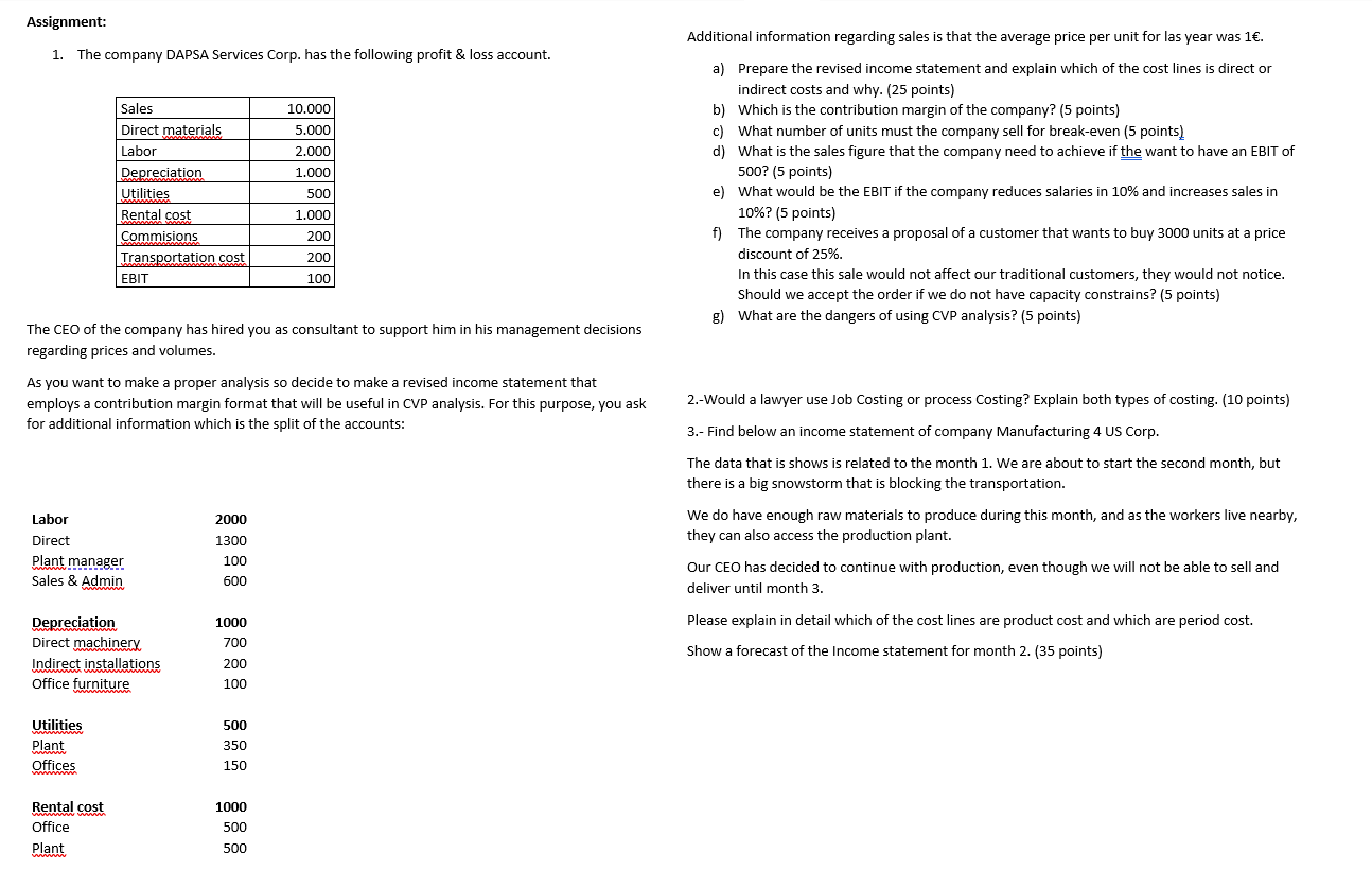  Assignment: 1. The company DAPSA Services Corp. has the following profit