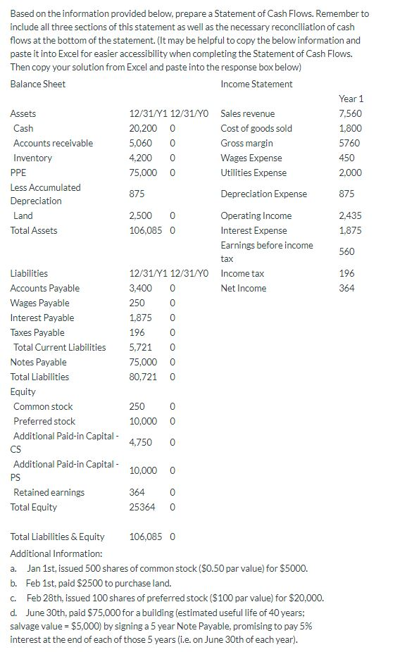 Based on the information provided below, prepare a Statement of Cash