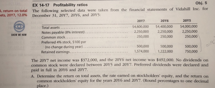  EX 14-17 Profitability ratios Obj. 5 return on total The following