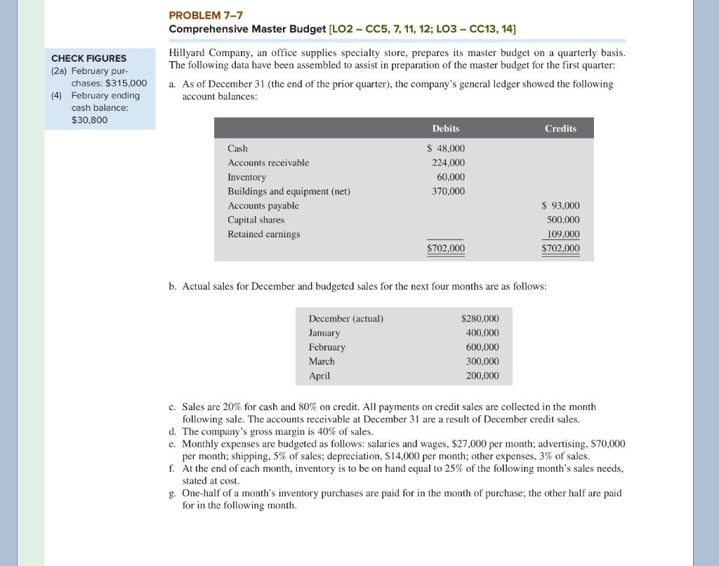  PROBLEM 7-7 Comprehensive Master Budget [LO2 - CC5, 7, 11, 12;