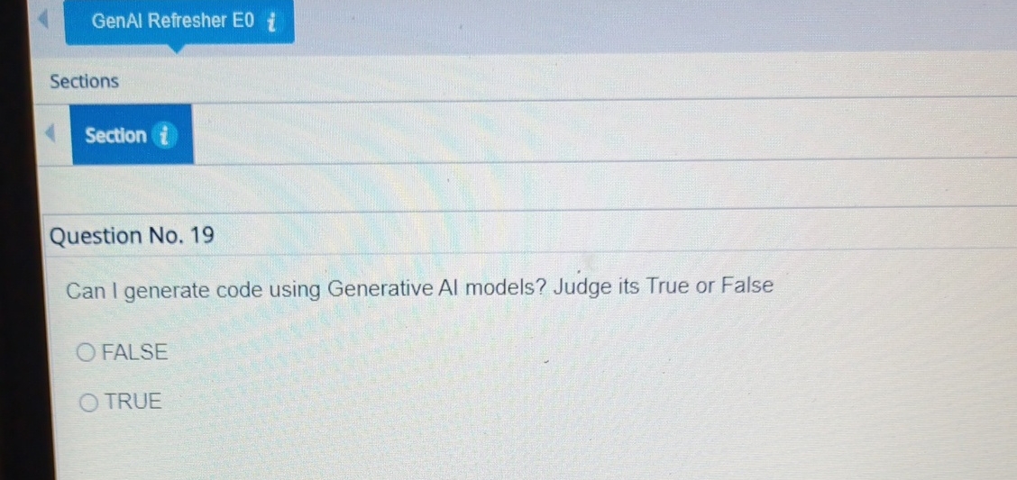  GenAl Refresher E0i Sections Section Question No.19 Can I generate code