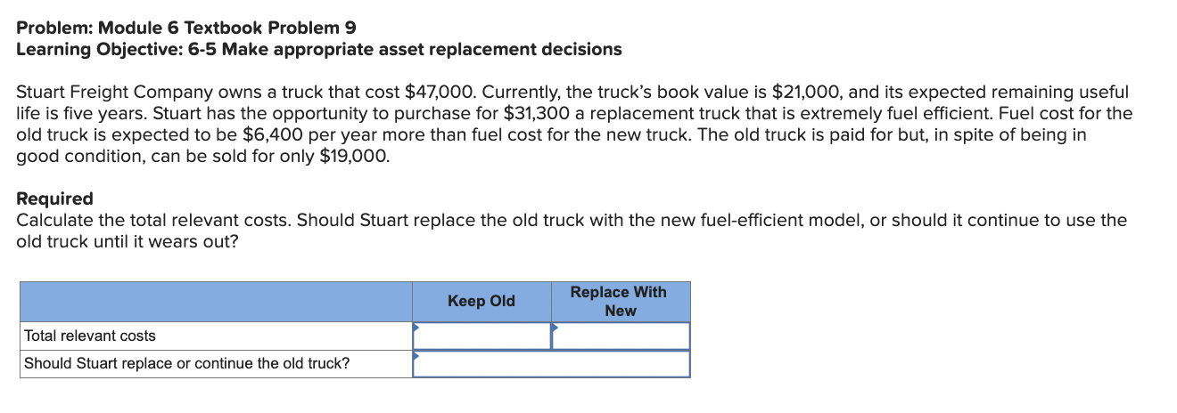  Problem: Module 6 Textbook Problem 9 Learning Objective: 6-5 Make appropriate