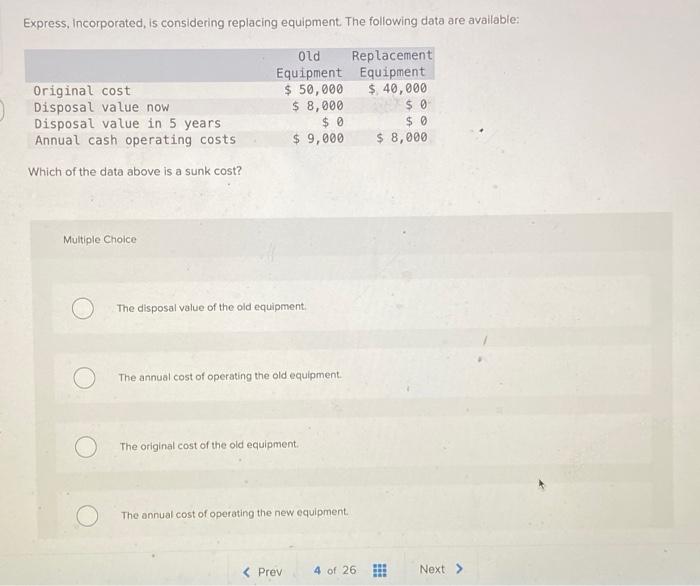  Express, Incorporated, is considering replacing equipment. The following data are available: