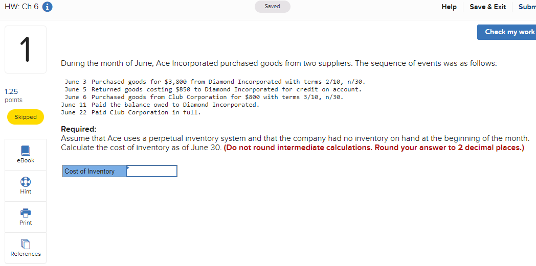 HW: Ch 6 A Saved Help Save & Exit Subm Check