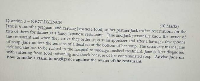 Question 3 - NEGLIGENCE (10 Marks) Jane is 6 months pregnant