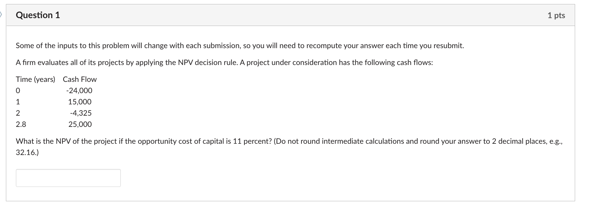  Some of the inputs to this problem will change with each