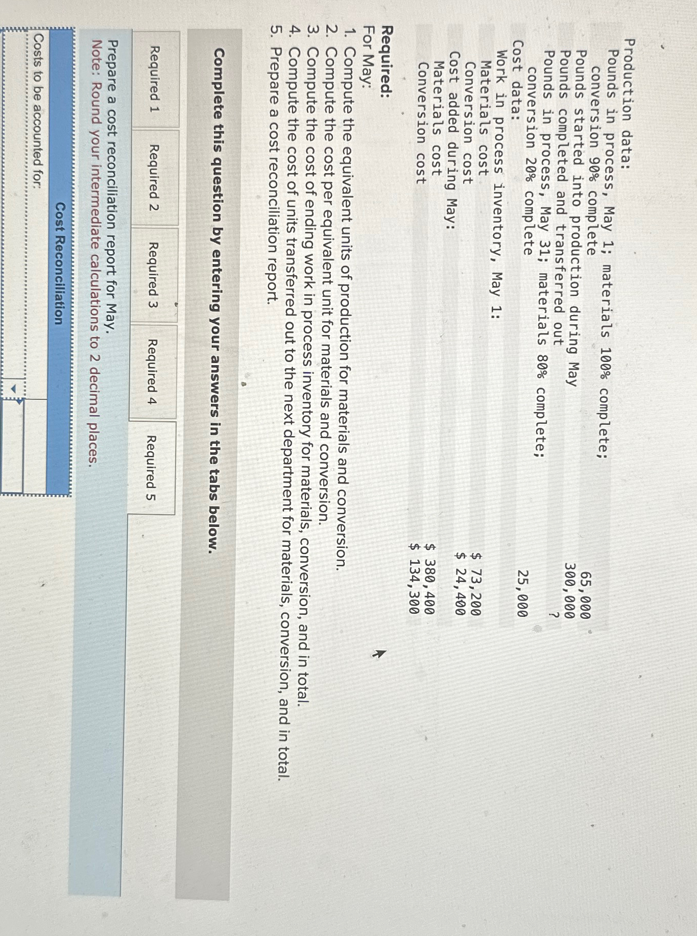  Production data: Pounds in process, May 1; materials 100% complete; conversion