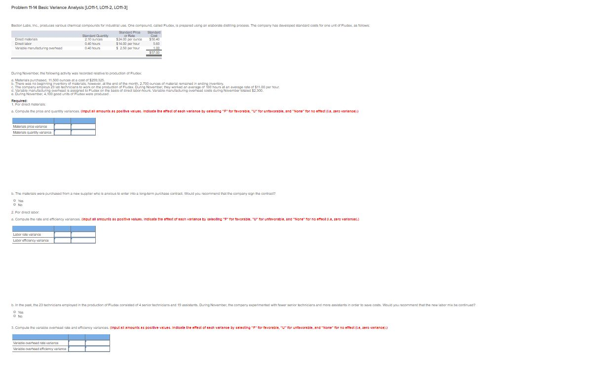  Problem 11-14 Basic Variance Analysis (LO11-1, LO11-2. LO11-3] Becton Labs, Inc.