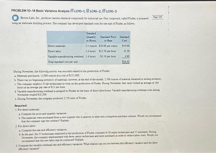  PROBLEM 10-14 Basic Variance Analysis LO10-1, LO10-2,LO10-3 Becton Labs, Inc., produces