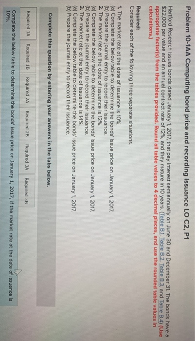  Problem 10-1AA Computing bond price and recording issuance LO C2, P1