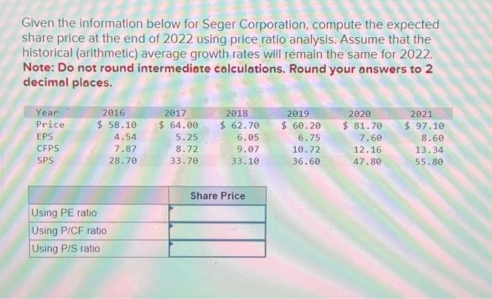  Given the information below for Seger Corporation, compute the expected share