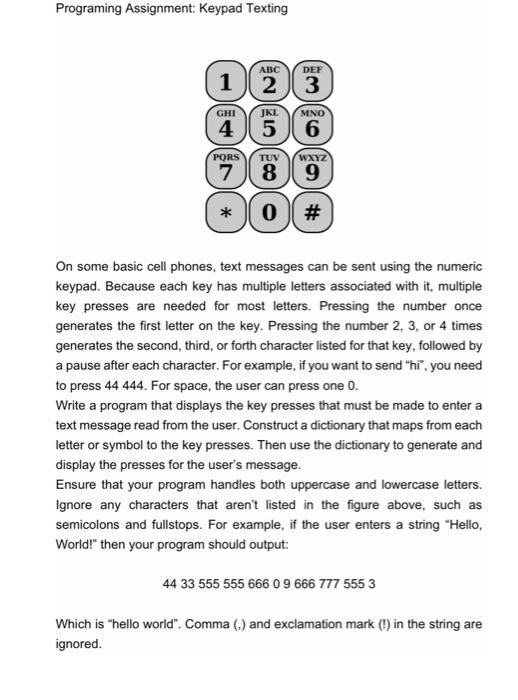  Programing Assignment: Keypad Texting ABC DEF 1 23 GHI JKL MNO