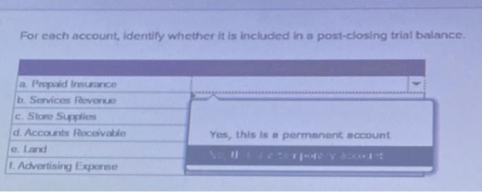  For each account, Identify whether it is included in a post-closing
