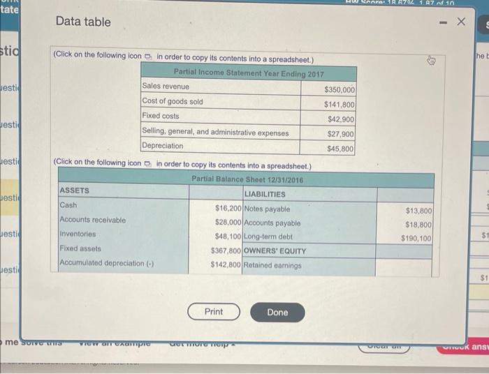  Data table (Click on the following icon 1 in order to