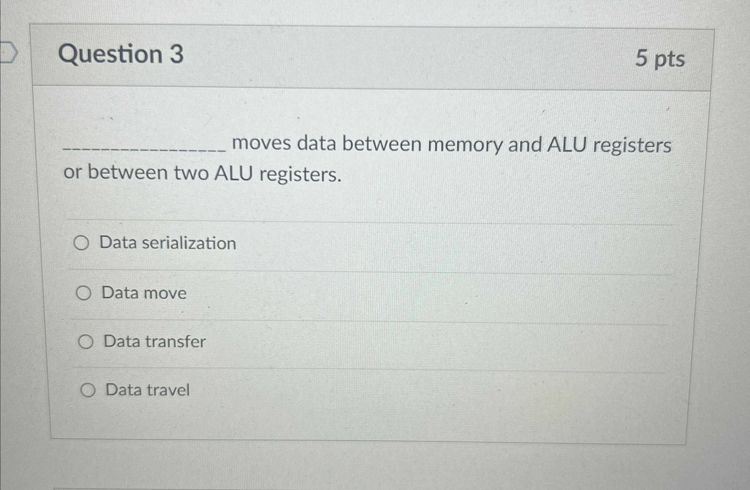  Question 3 5 pts moves data between memory and ALU registers