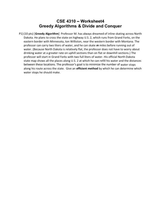 hw help please!! CSE 4310 - Worksheet4 Greedy Algorithms \& Divide and