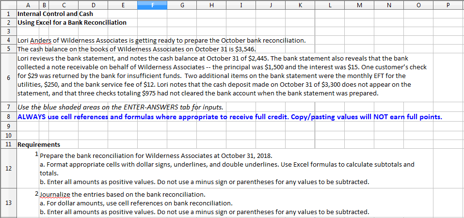  AIB 1 Internal Control and Cash 2 Using Excel for a