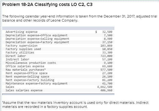  Problem 18-2A Classifying costs LO C2, C3 The following calendar year-end